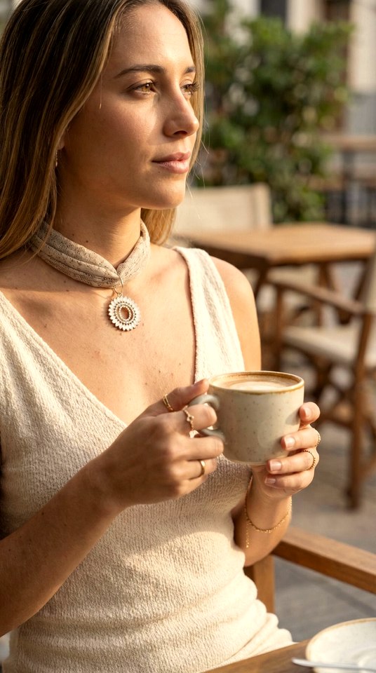Gargantilla Mar con dije de sol artesanal, en una escena de café al aire libre